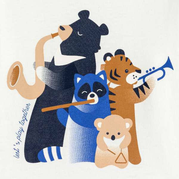 تيشيرت بأكمام طويلة ورسوم حيوانات تعزف الموسيقى، باللون الأبيض للأطفال الصغار